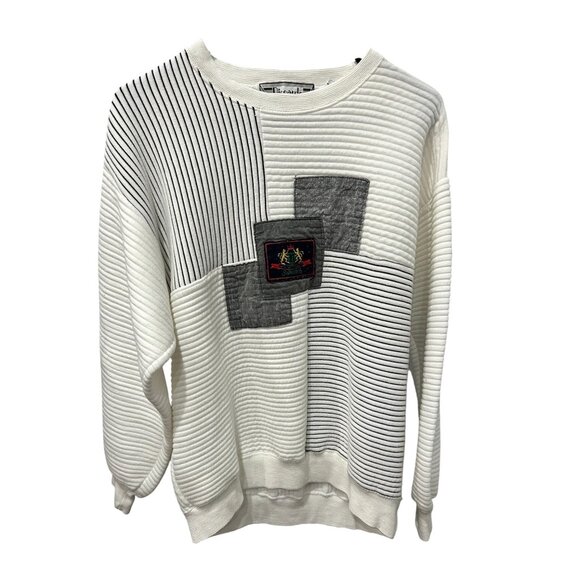 Riccardo Sweaters - Vintage Riccardo Patchwork Ribbed Crewneck Sweater White Gray Color Block Sz Lar